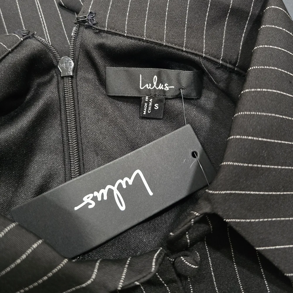 Lulus Totally Poised Black Pinstriped Collared Mini Dress With Pockets - Picture 5 of 7